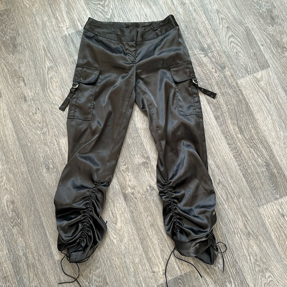 Vintage bratz black silk satin cargo low waist pants 90s